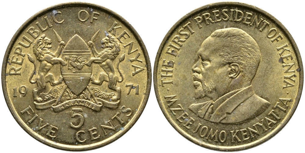 Кения 5 центов 1971 Джомо Кениата KM 10 никель латунь 4529-946