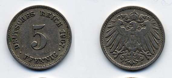 ГЕРМАНИЯ 5 ПФЕННИГОВ 1907 J, KM 11, J. 12 медно-никель 84-1514