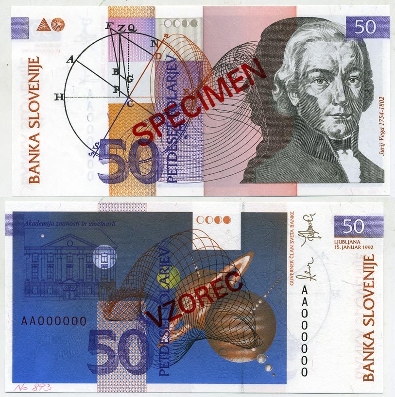 Словения 50 толаров 1992 Георг Вега, Академия наук и искусств, Любляна, SPECIMEN, образец Pick 13s бумага UNC (пресс) 451-367-1