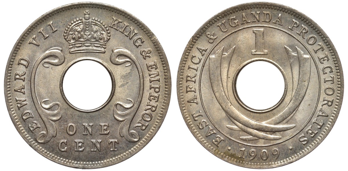 Британская Восточная Африка и Уганда 1 цент 1909 Эдуард VII (1902-1910) KM 5a медно-никель UNC 4561-1123