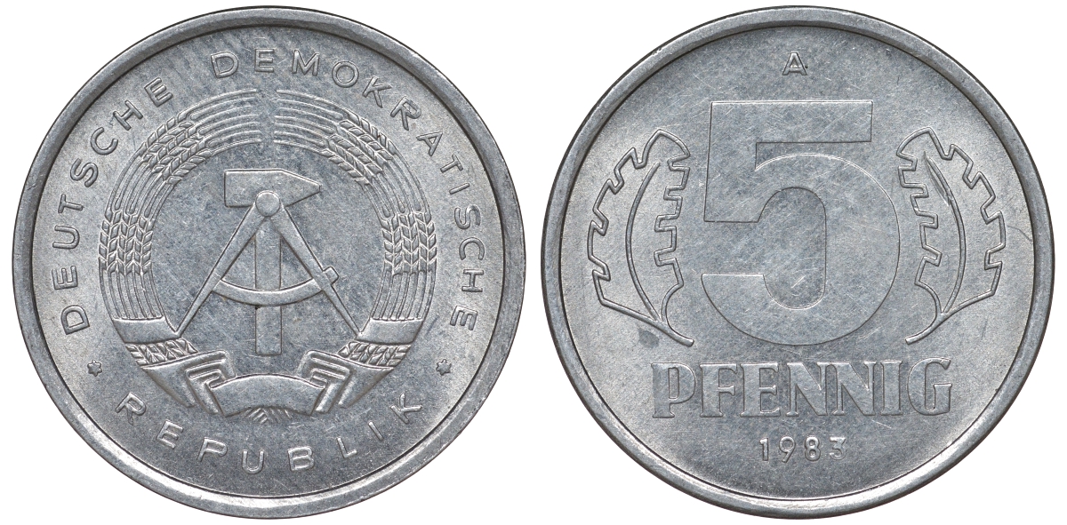 ГДР 5 ПФЕННИГОВ 1983 A КМ 9.2 алюминий 62-512