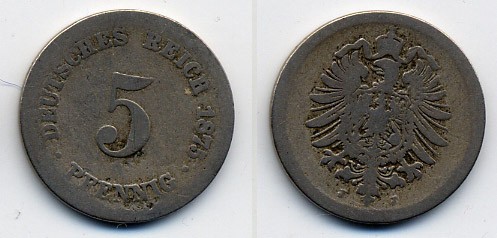ГЕРМАНИЯ 5 ПФЕННИГОВ 1875 J, СТАРОГЕРБОВКА KM 3, J.3 медно-никель 46-355