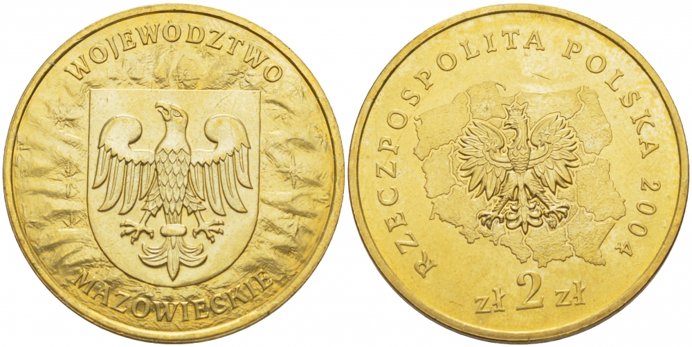 Польша 2 злотых 2004 серия польские регионы, Мазовецкое воеводство KM 489 нордик UNC 4529-113