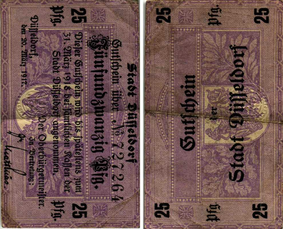 ДЮССЕЛЬДОРФ 25 ПФЕННИГОВ 1917-1918 20 МАРТА 1917 - 31 МАРТА 1918, НОТГЕЛЬД, ЗЕМЛЯ СЕВЕРНЫЙ РЕЙН-ВЕСТФАЛИЯ Keller D35.1a бумага 6318-27-1-1