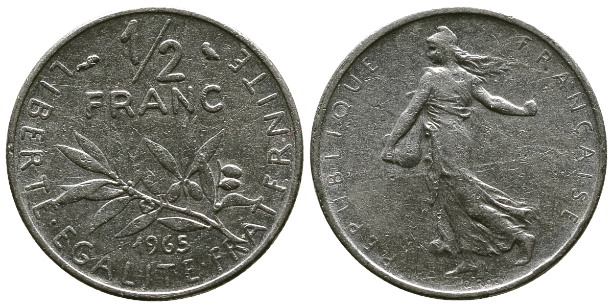 Франция 1/2 франка 1965 сеятель KM 931, Le Franc 198.3 никель 4381-629