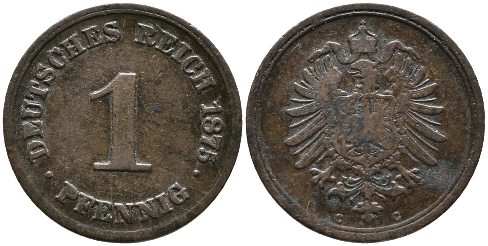 ГЕРМАНИЯ 1 ПФЕННИГ 1875 G, СТАРОГЕРБОВКА KM 1, J. 1 медь 100-615