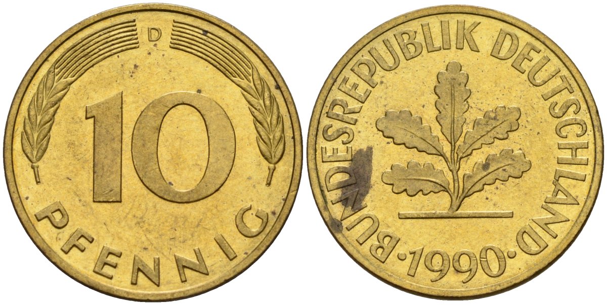 ФРГ 10 пфеннигов 1990 D KM 108, J. 383 сталь плакированная латунью 4163-1253
