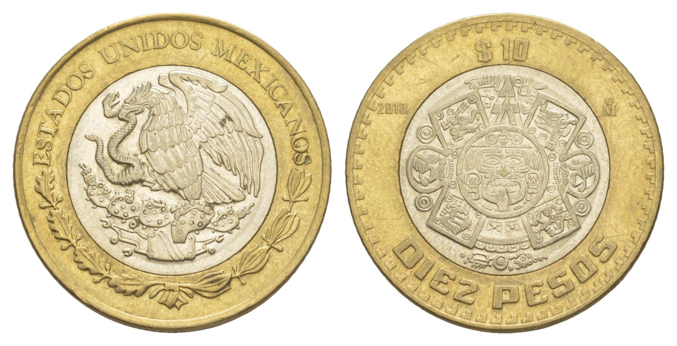 Мексика 10 песо 2010 Мо, бог Тонатиуха с огненной маской KM 616 биметалл aUNC 4637-726