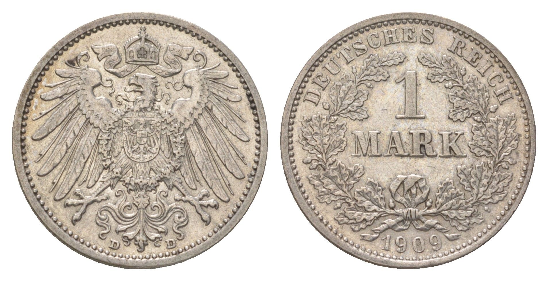Германия 1 марка 1909 D, Вильгельм II (1888-1918) KM 14, J. 17 серебро 4626-215