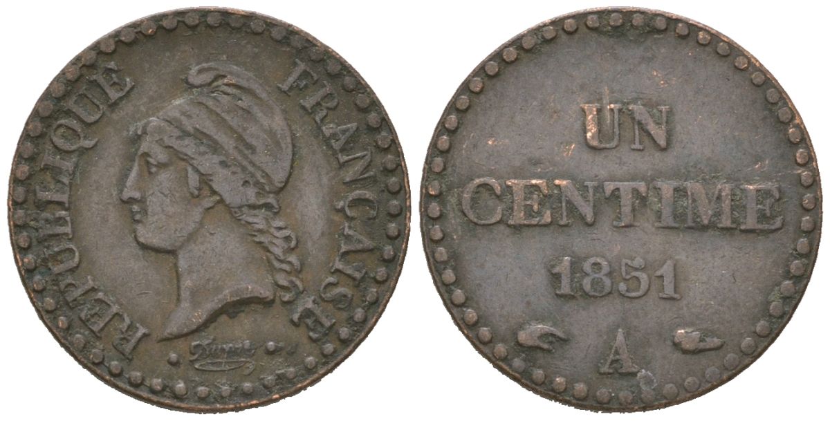 Франция 1 сантим 1851 A KM 754 бронза 4615-638