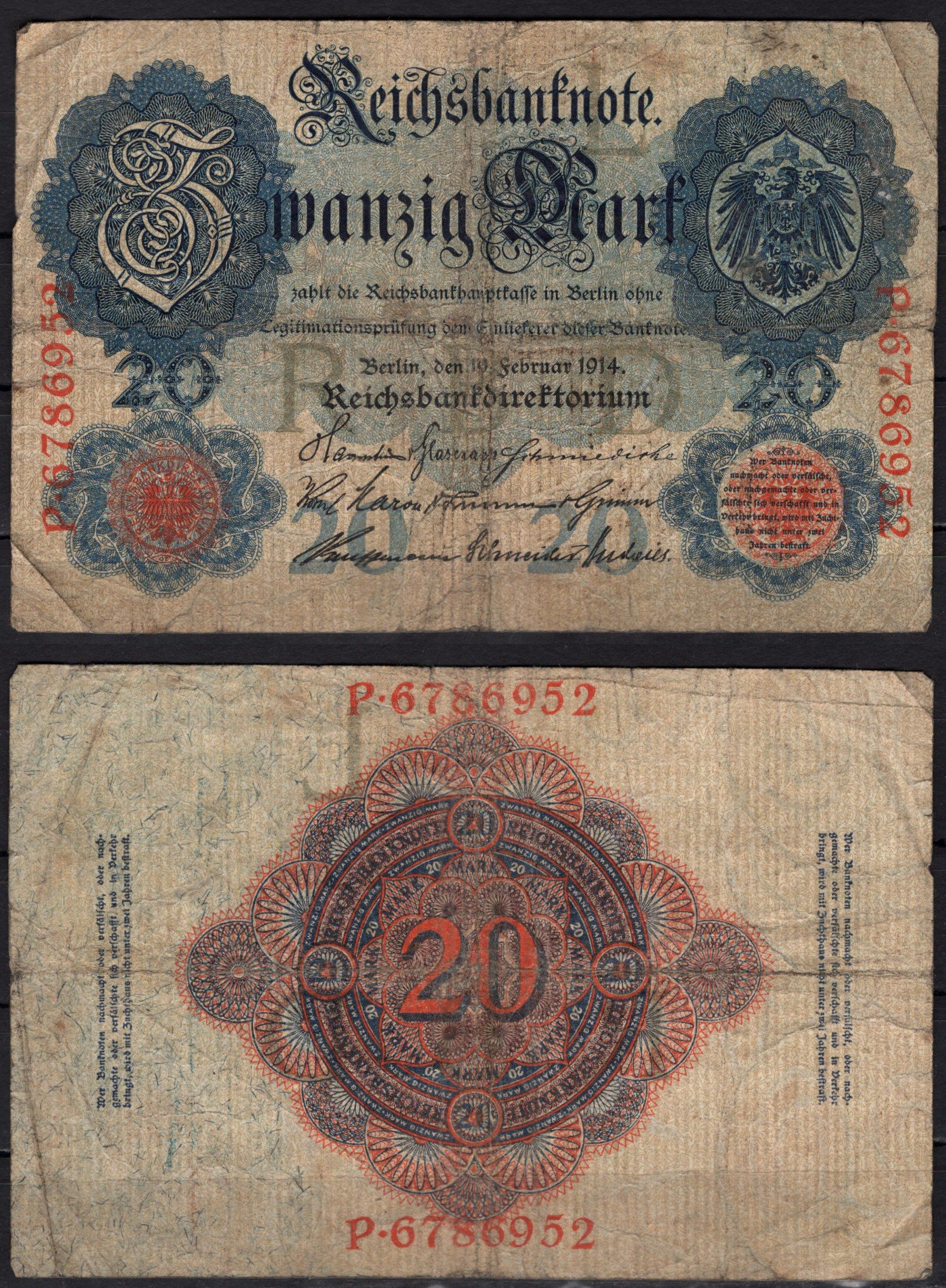 Германия 20 марок 1914 Pick 46b бумага 8592-33-1-1