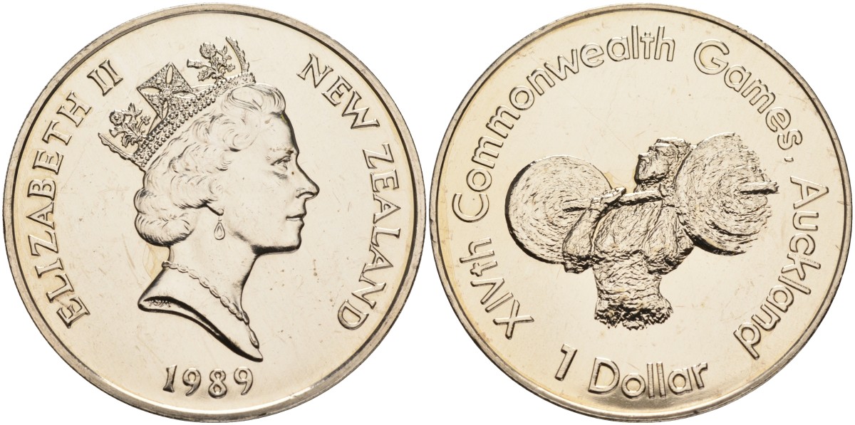 Новая Зеландия 1 доллар 1989 XIV Игры Содружества наций, штангист, Елизавета II (1952-2022) KM 70 медно-никель UNC 73-813