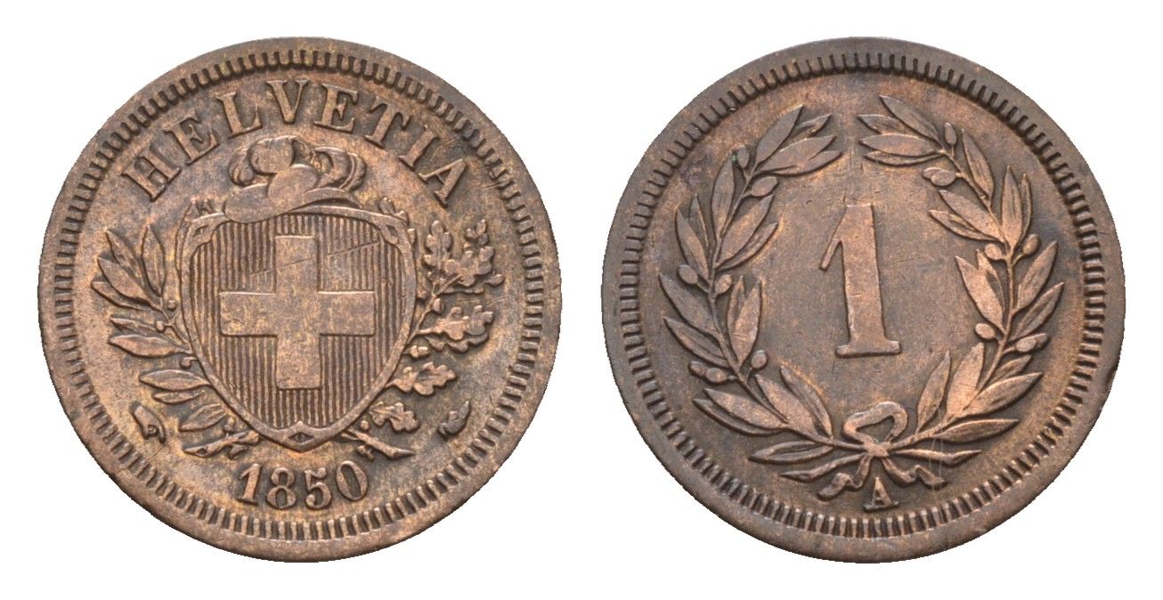 Швейцария 1 раппен 1850 A KM 3.1 бронза 1531-911
