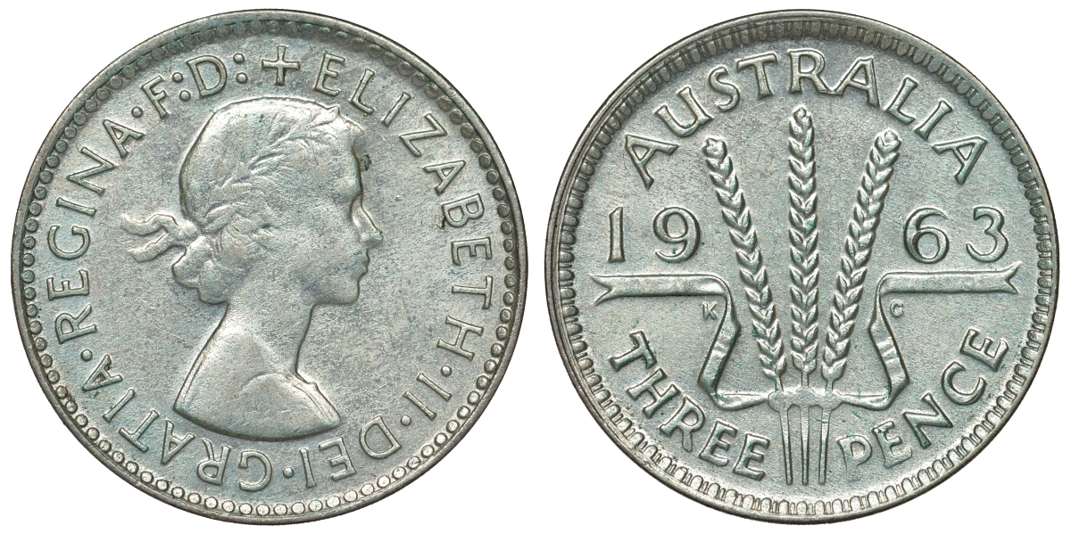 Австралия 3 пенса 1963 m, Елизавета II (1952-2022) KM 57 серебро 71-916