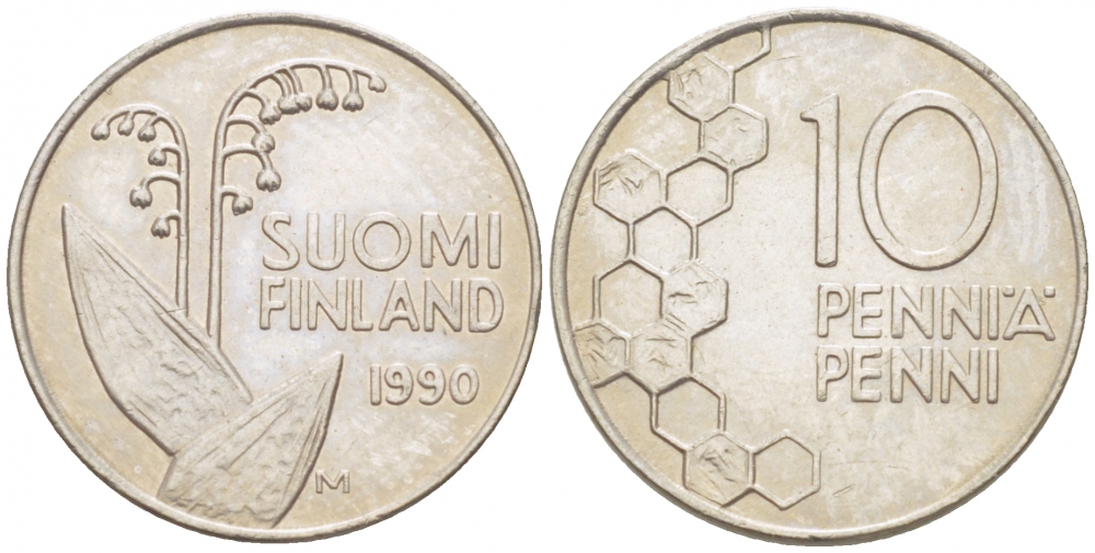 ФИНЛЯНДИЯ 10 ПЕННИ 1990 K КМ 65 медно-никель 3309-312
