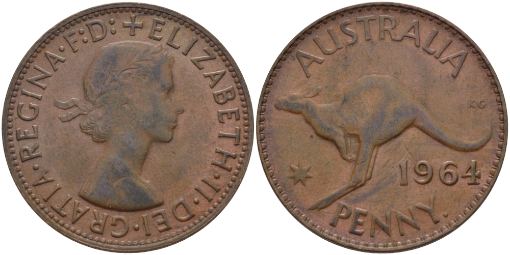 АВСТРАЛИЯ 1 ПЕННИ 1964 p, ЕЛИЗАВЕТА II (1953-), КЕНГУРУ KM 56 бронза 82-813