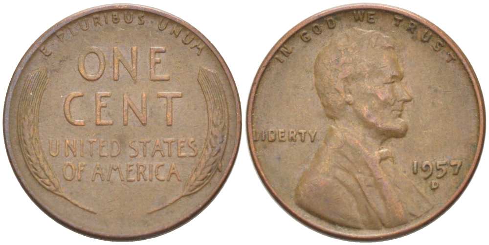 США 1 ЦЕНТ 1957 D, ЛИНКОЛЬН KM А132 медь цинк 218-716