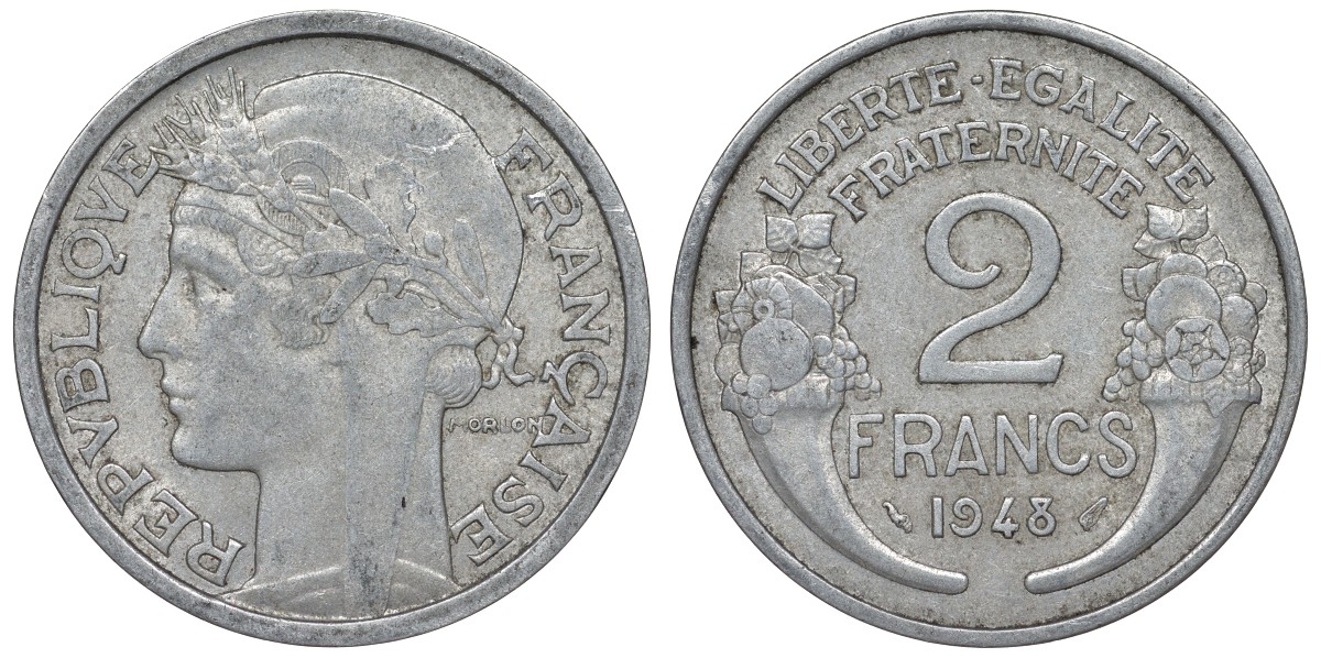 Франция 2 франка 1948 KM 886а.1, Le Franc 269.12 алюминий 4123-344