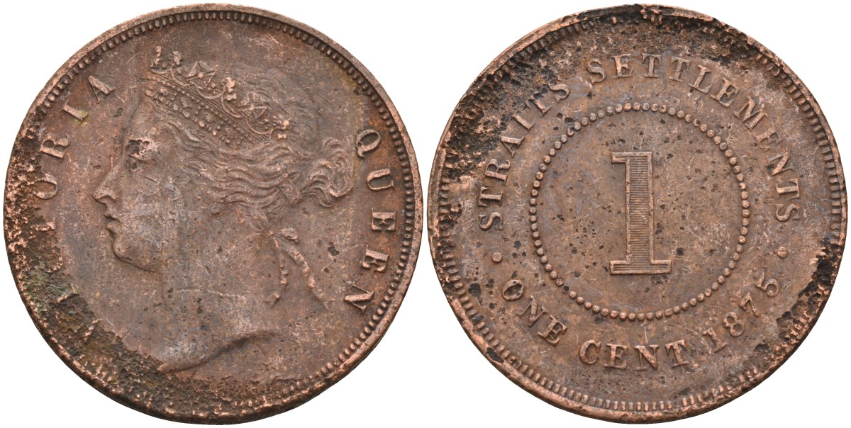 Стрейтс-Сетлментс 1 цент 1875 Виктория (1837-1901), Ост-Индская компания KM 9 медь 4590-415