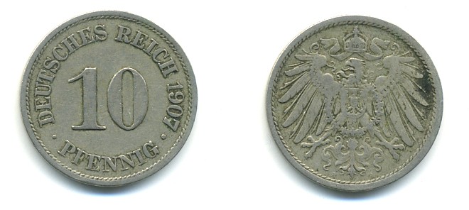 Германия 10 пфеннигов 1907 A KM 12, J. 13 медно-никель 4379-837