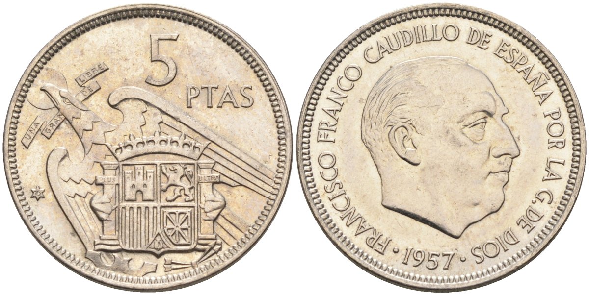 Испания 5 песет 1957 (75) Франциско Франко (1939-1975) KM 786 медно-никель UNC 4583-1132