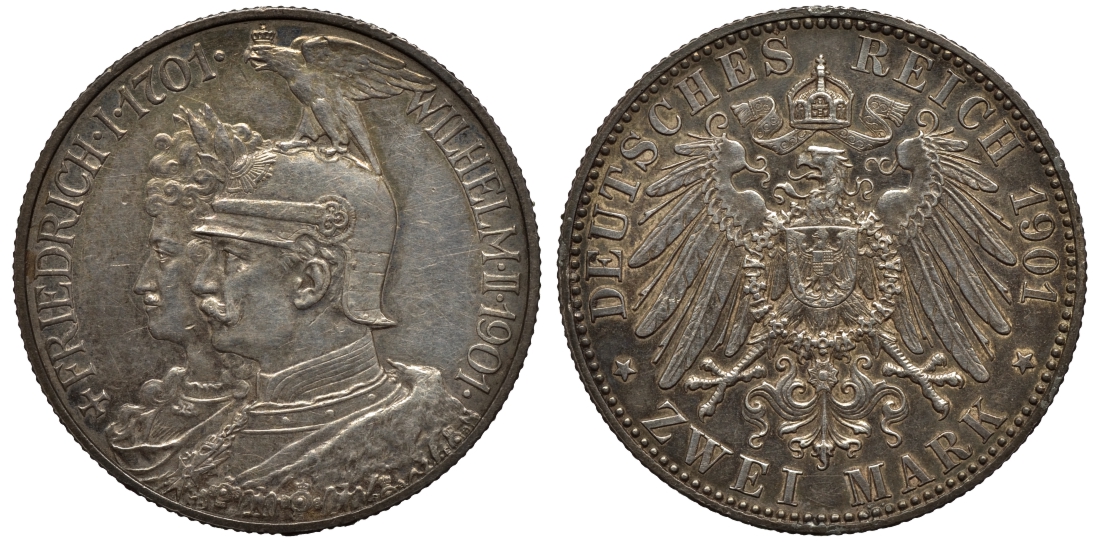 Пруссия 2 марки 1901 A, 200 лет Прусской королевской династии (Фридрих I - Вильгельм II) J.105, Weege 105, KM 525 серебро aUNC 02-119-14