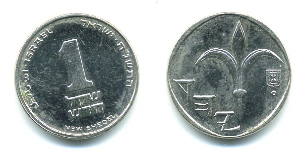 Израиль 1 новый шекель 1995 JE 5755, лилия KM 160а сталь плакированная никелем 54-2441