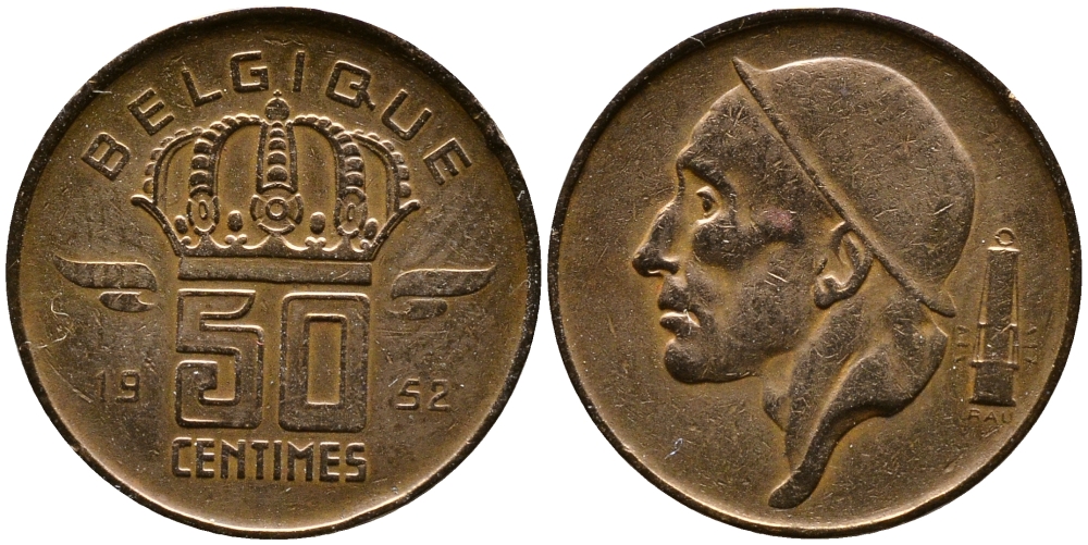 БЕЛЬГИЯ 50 САНТИМОВ 1952 BELGIQUE KM 144 бронза 4387-641