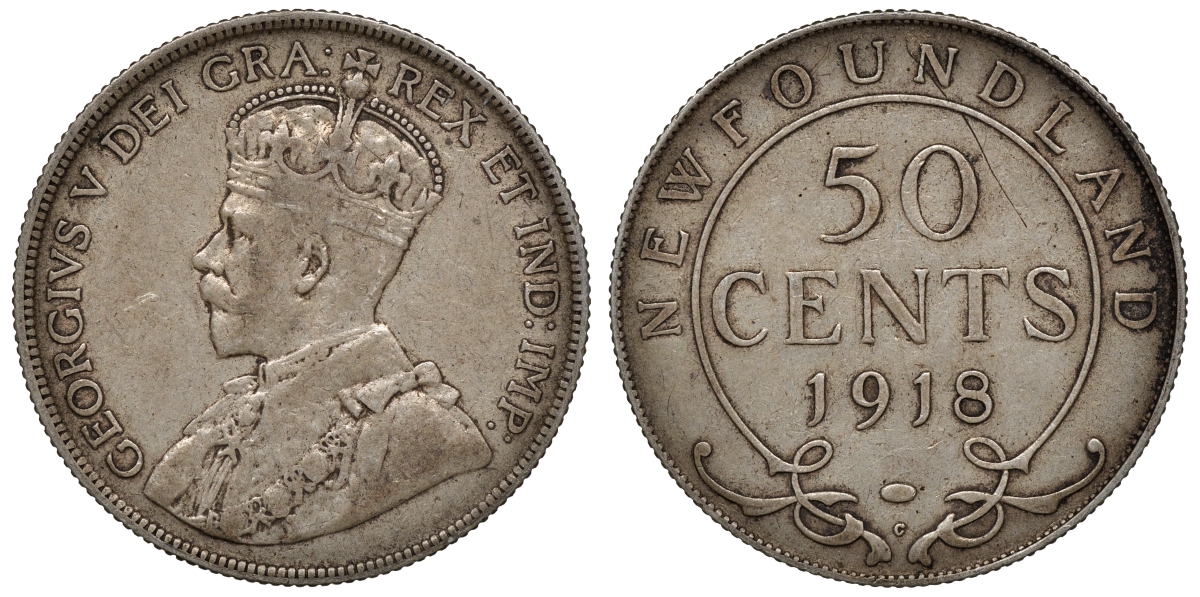 Ньюфаундленд 50 центов 1918 С, Георг V (1910-1936) KM 12 серебро    4044-942