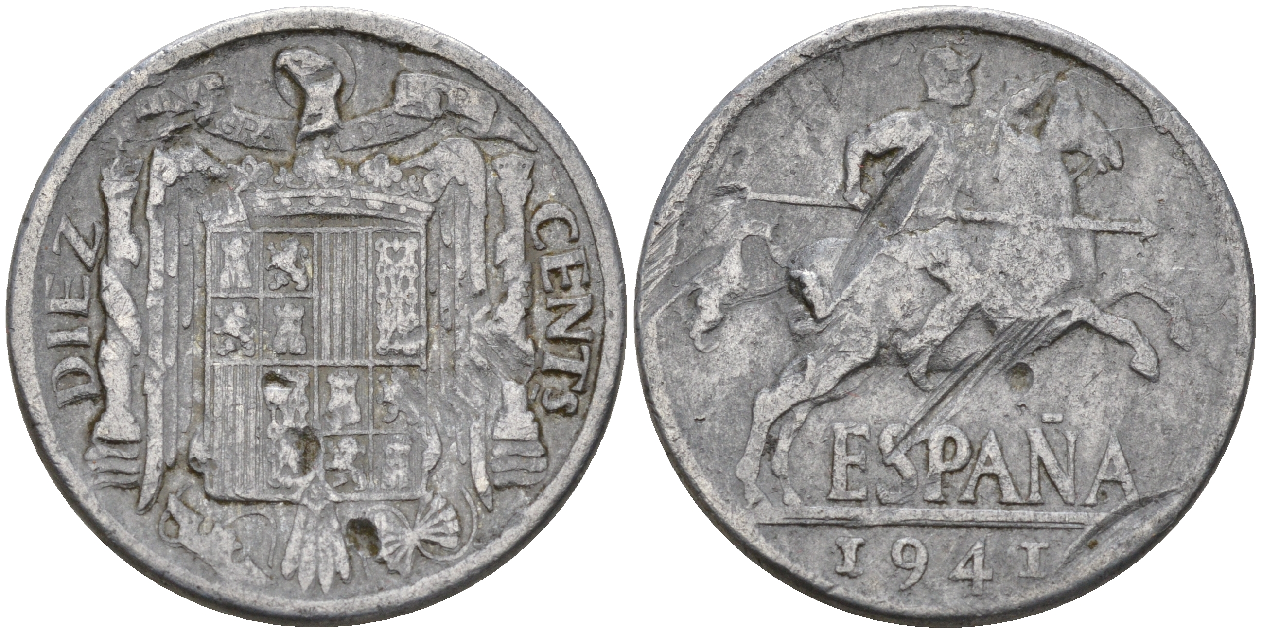 Испания 10 сентимо 1941 всадник KM 766 алюминий    4153-147