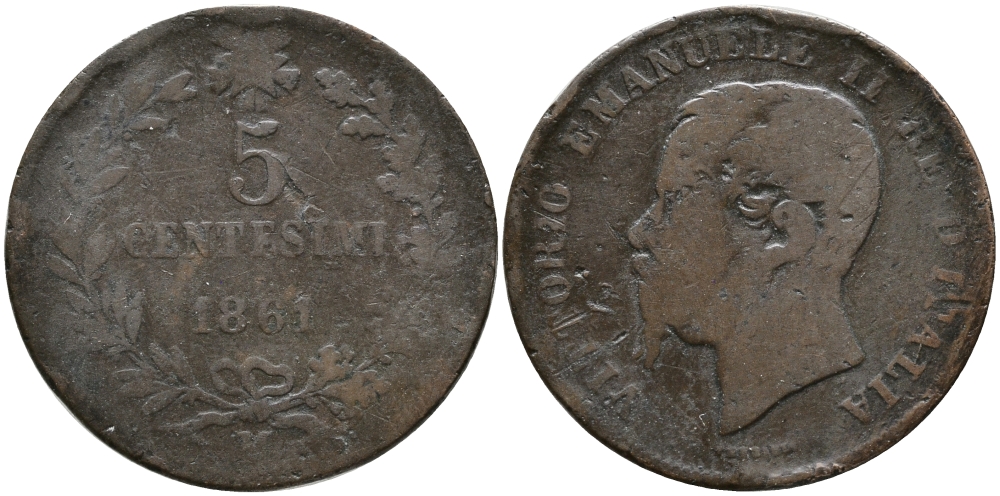 ИТАЛИЯ 5 ЧЕНТЕЗИМО 1861 М, ВИКТОР ИМАНУИЛ II KM 3.2 медь 28-835