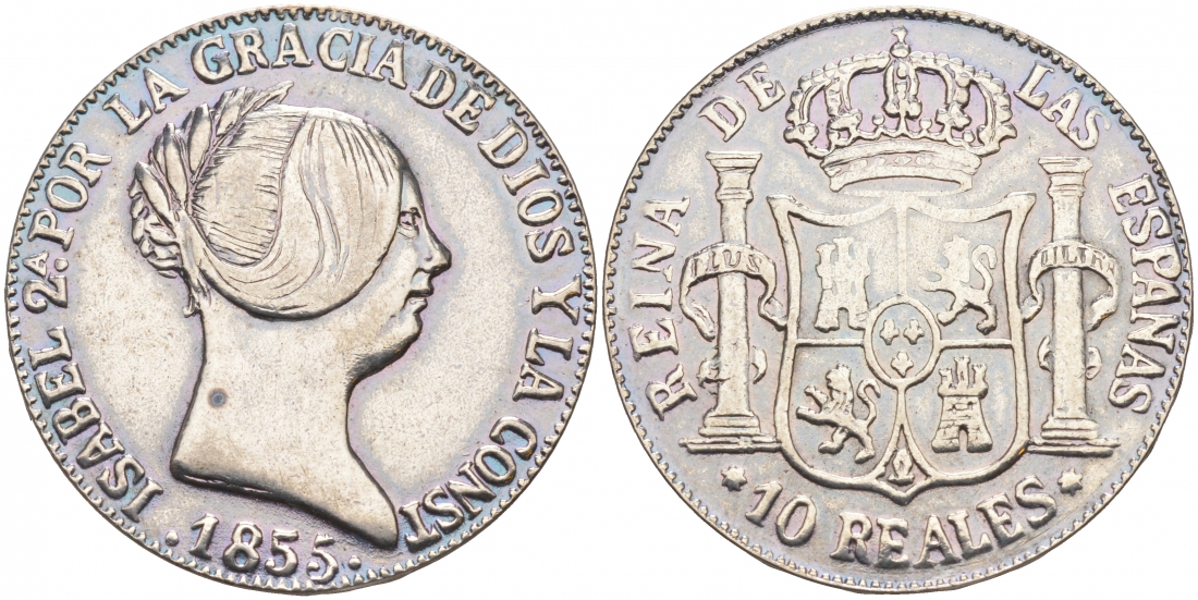 ИСПАНИЯ 10 РЕАЛОВ 1855 ИЗАБЕЛЛА II, ИМИТАЦИЯ белый металл 3855-546