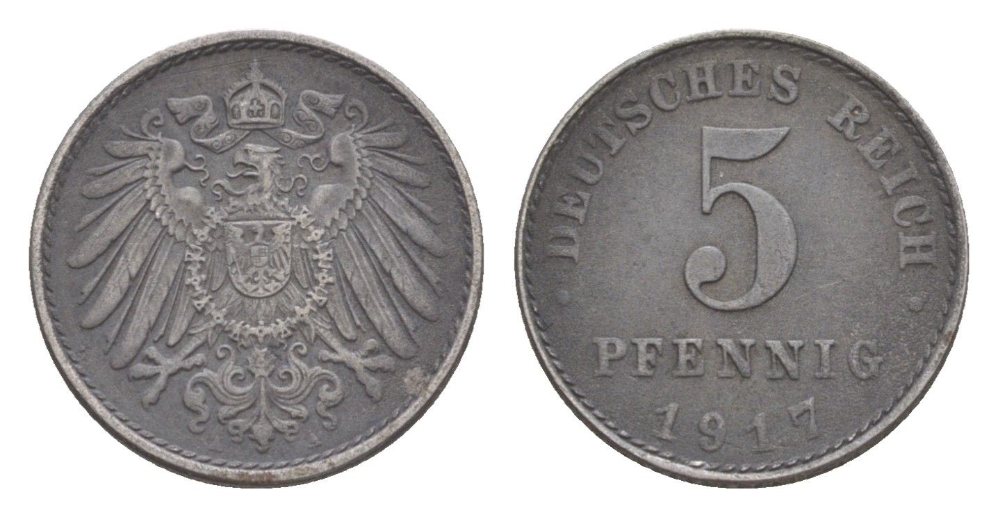Германия 5 пфеннигов 1917 A, Вильгельм II (1888-1918) KM 19, J. 297, Weege 5 железо плакированное цинком 4640-159