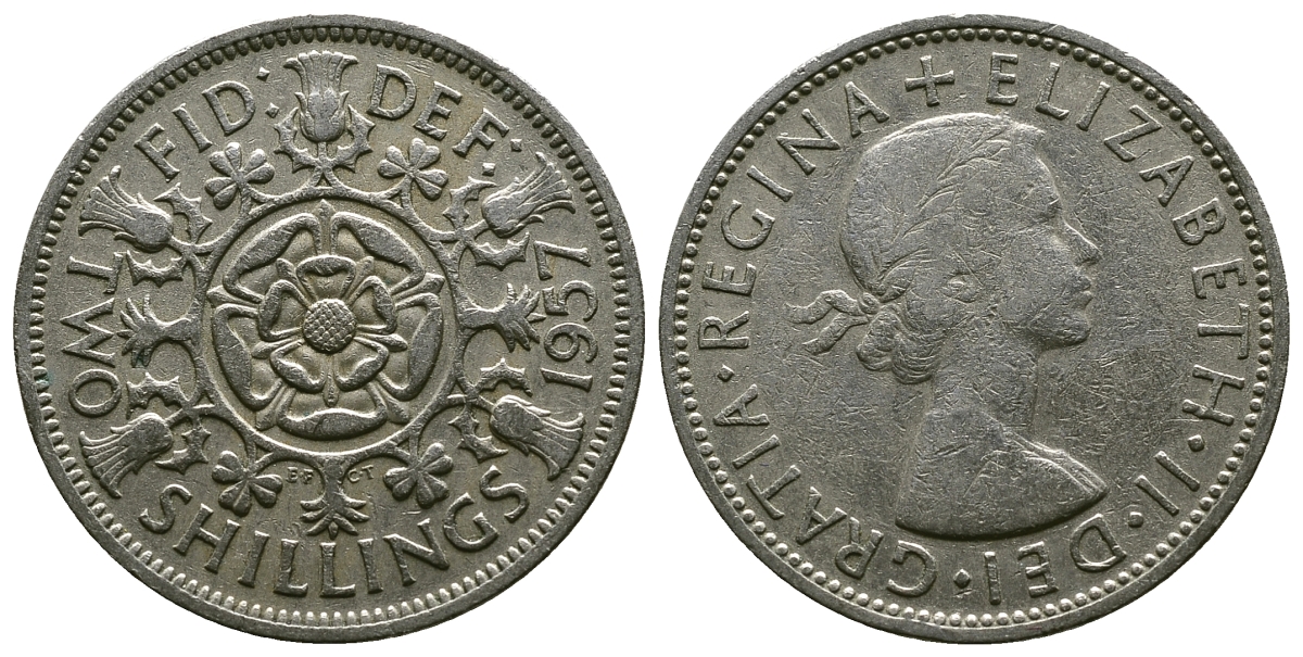 Великобритания 2 шиллинга (флорин) 1957 Елизавета II (1952-2022) KM 906, Spink 4146 медно-никель 4382-131