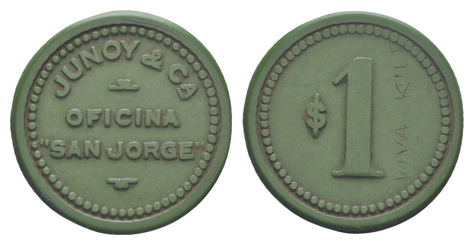 Чили, Сан-Хорхе (San Jorge), Уара (Huara) шахтерский жетон с Селитряного рудника для покупки в местных магазинах, номиналом в 1 песо 1880-1920 диаметр 31 мм, вес 2,32 гр Espinosa 276.11 эбонит (зеленый) 1094-1-54