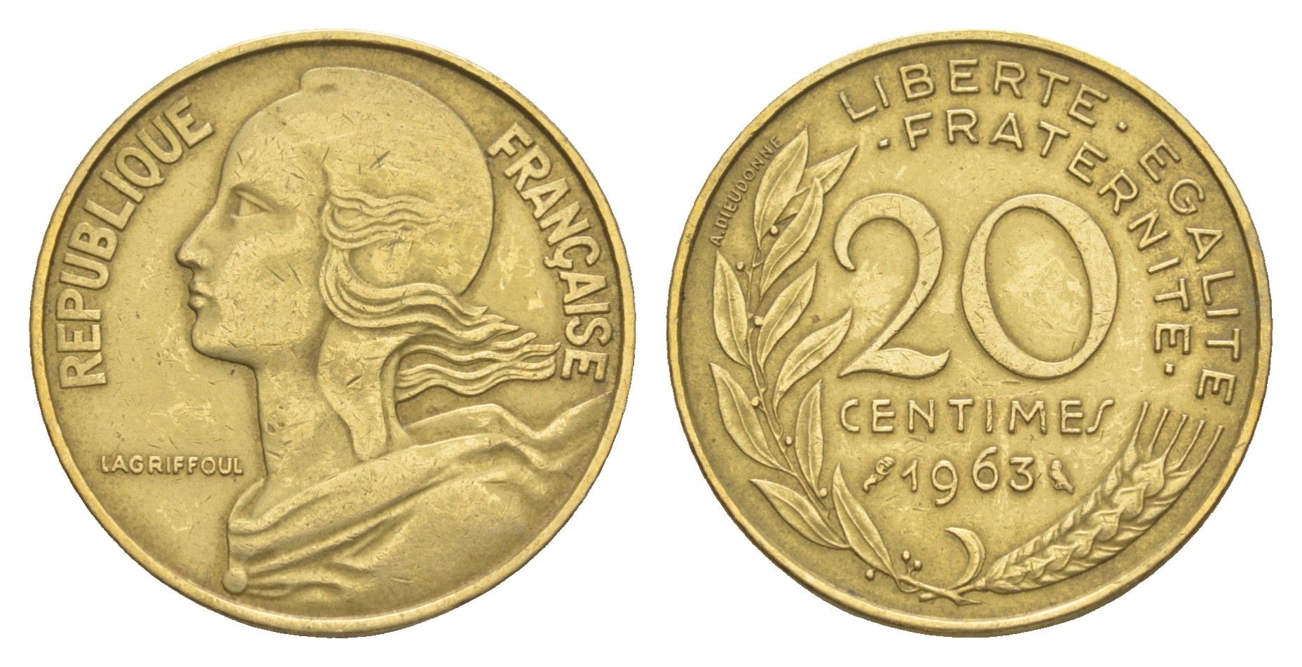 Франция 20 сантимов 1963 KM 930 алюминиевая бронза 4539-417