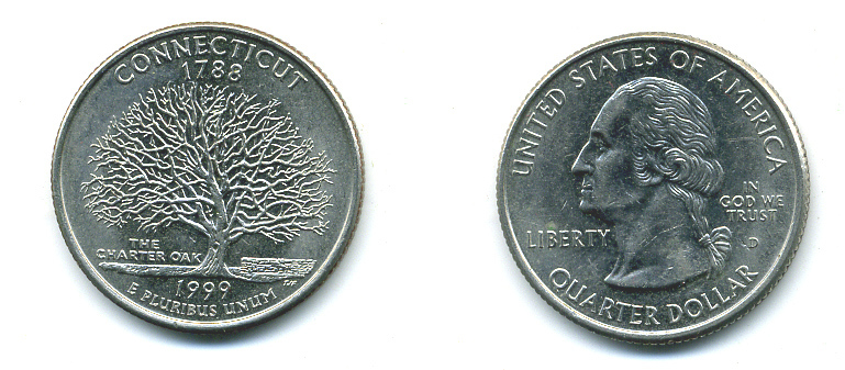 США 25 центов = квотер 1999 D, серия штаты США, Коннектикут KM 297 медь плакированная медно-никелем 4388-817