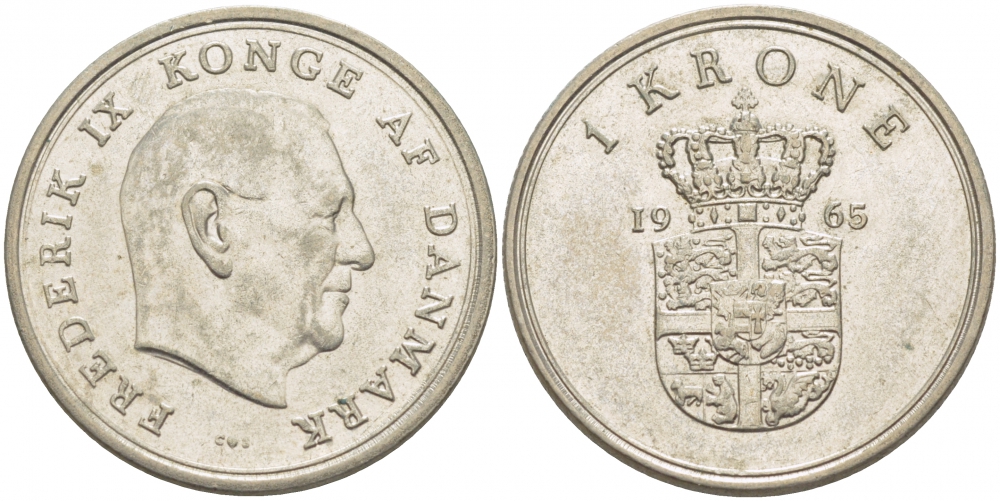 ДАНИЯ 1 КРОНА 1965 C; S, ФРЕДЕРИК IX (1947-1972) KM 851.1 медно-никель 86-931
