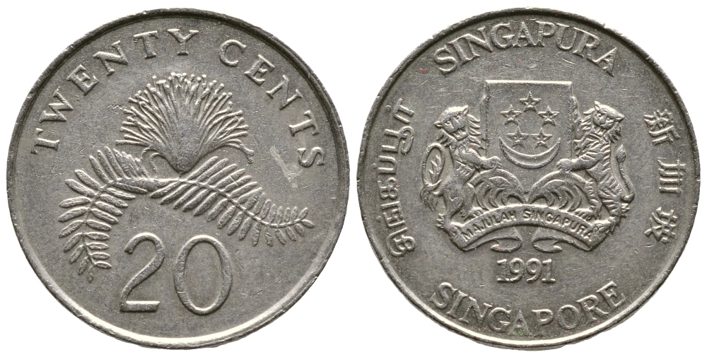 Сингапур 20 центов 1991 KM 52 медно-никель 93-1047