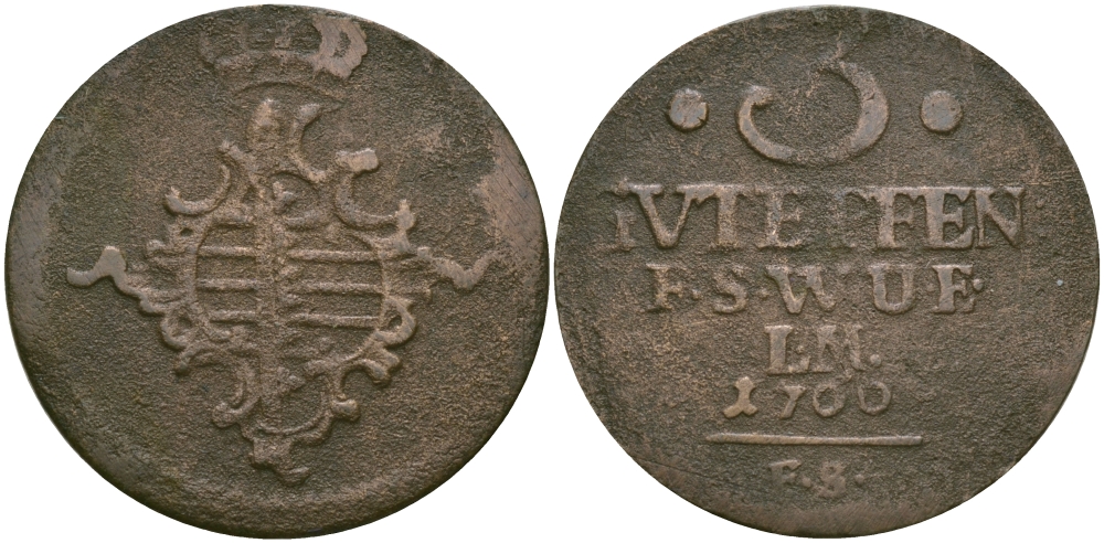 Саксен-Веймар-Эйзенах 3 пфеннига 1760 FS, Анна Амалия Брауншвейгская (1758-1775) KM 34, Koppe 593, Slg. Merseburger 3999 медь    65-554