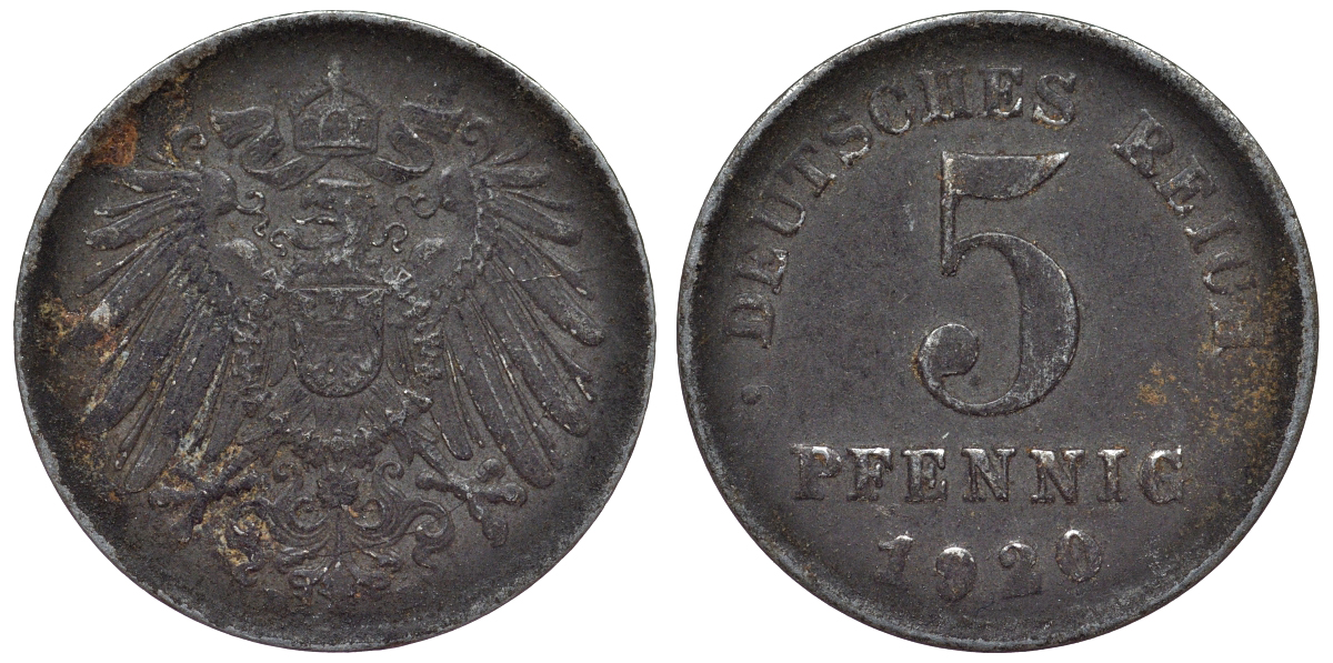 Германия 5 пфеннигов 1920 D KM 19, J. 297, Weege 5 железо 4118-1227
