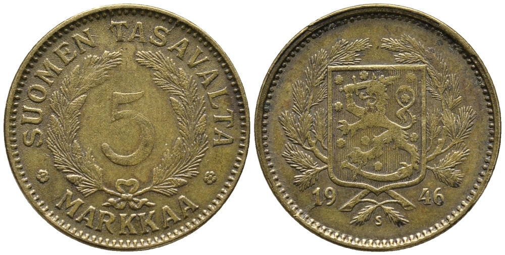 ФИНЛЯНДИЯ 5 МАРОК 1946 KM 31а латунь 34-1053