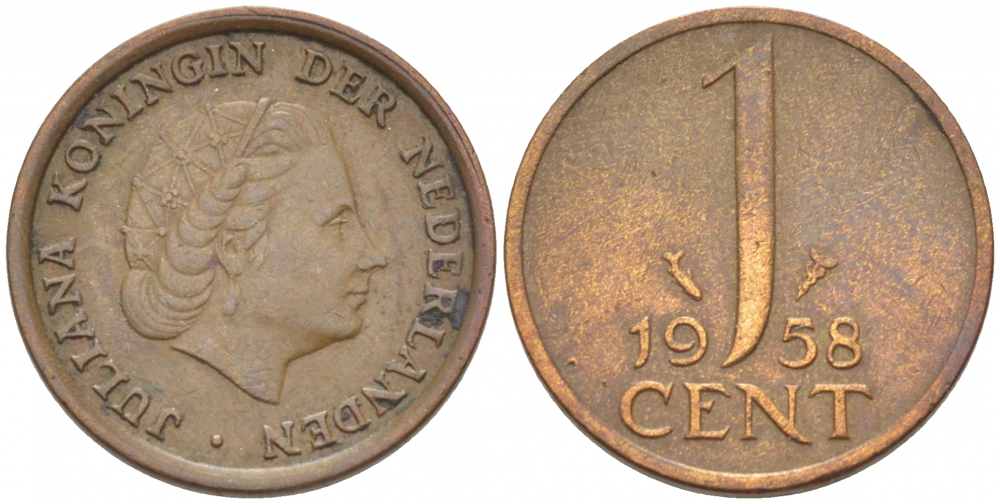 НИДЕРЛАНДЫ 1 ЦЕНТ 1958 ЮЛИАНА KM 180 бронза 3457-1012