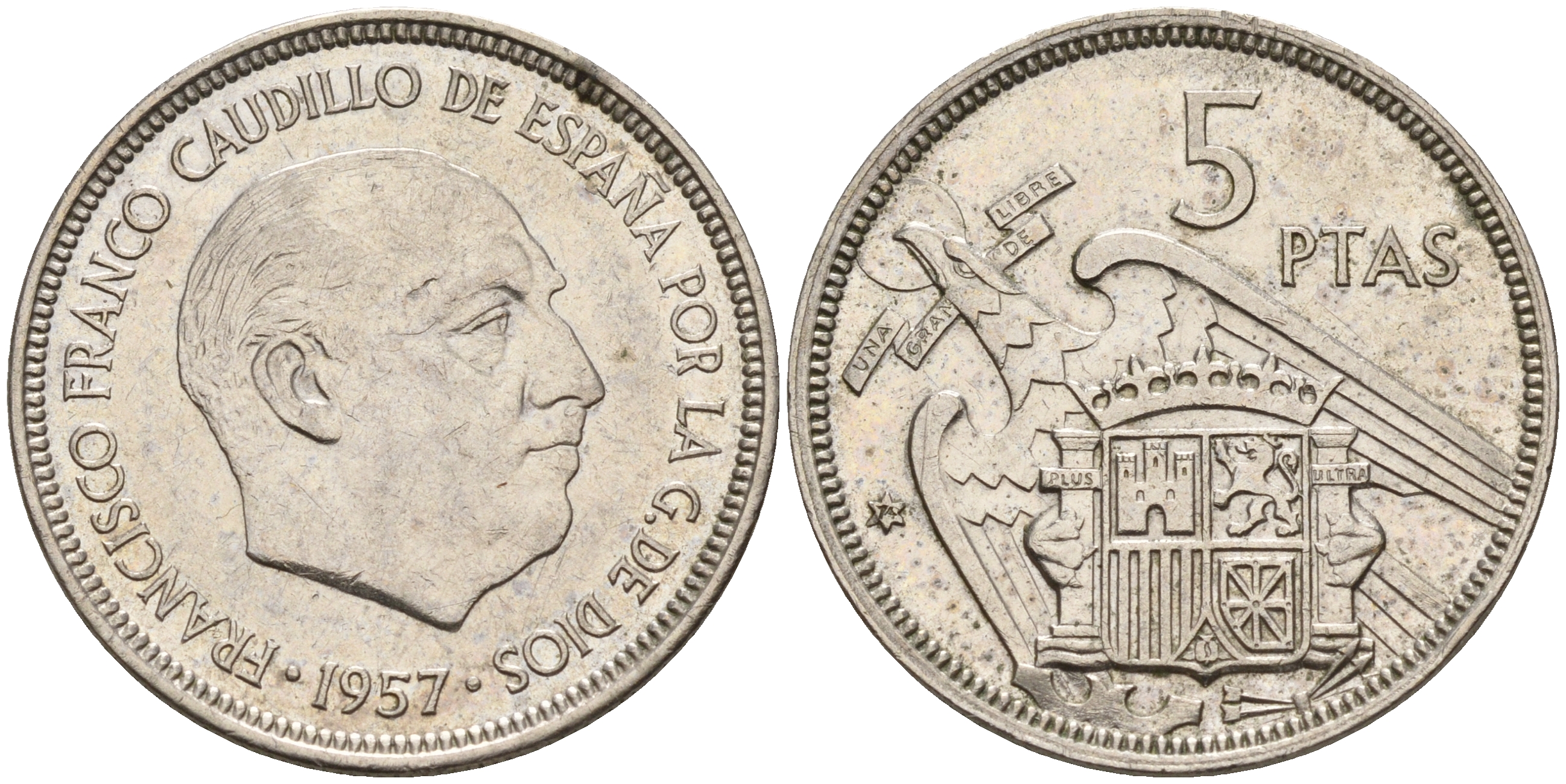 Испания 5 песет 1957 (74) 1957 год, Франсиско Франко (1939-1975) KM 786 медно-никель    4143-222