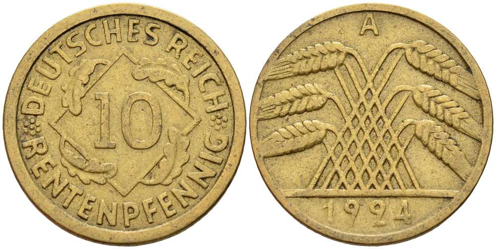 ГЕРМАНИЯ 10 РЕНТЕНПФЕННИГОВ 1924 А KM 33, J. 309 алюминиевая бронза 4401-353