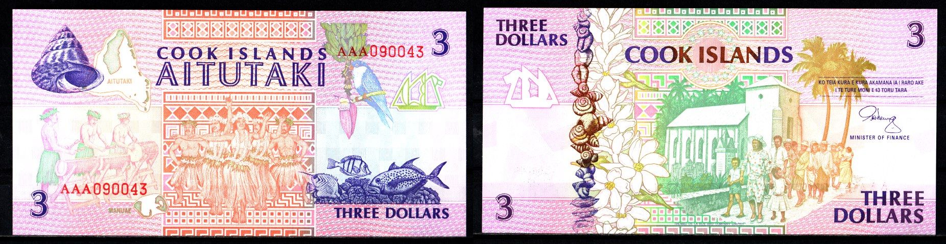 Острова Кука 3 доллара 1992 Pick 7 бумага UNC (пресс) 8608-29-3-2