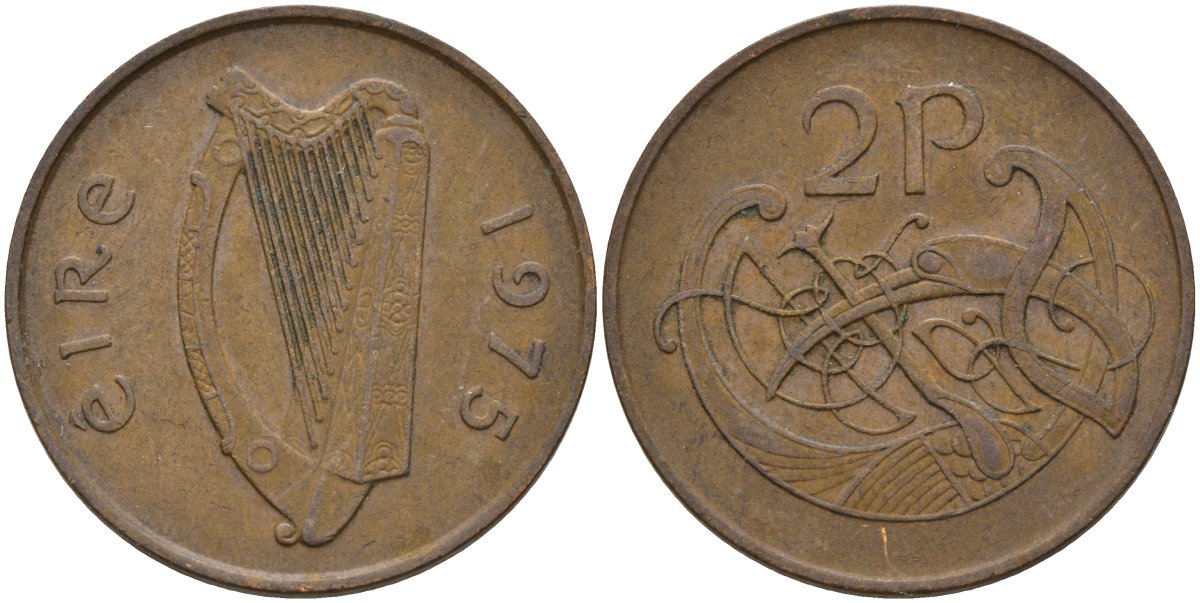 Ирландия 2 пенса 1975 виньетка в виде стилизованной птицы из второй библии Карла II Лысого KM 21 бронза 4144-943