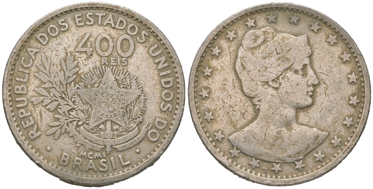 Бразилия 400 реалов 1901 MCMI, голова свободы вправо KM 505 медно-никель 4612-436