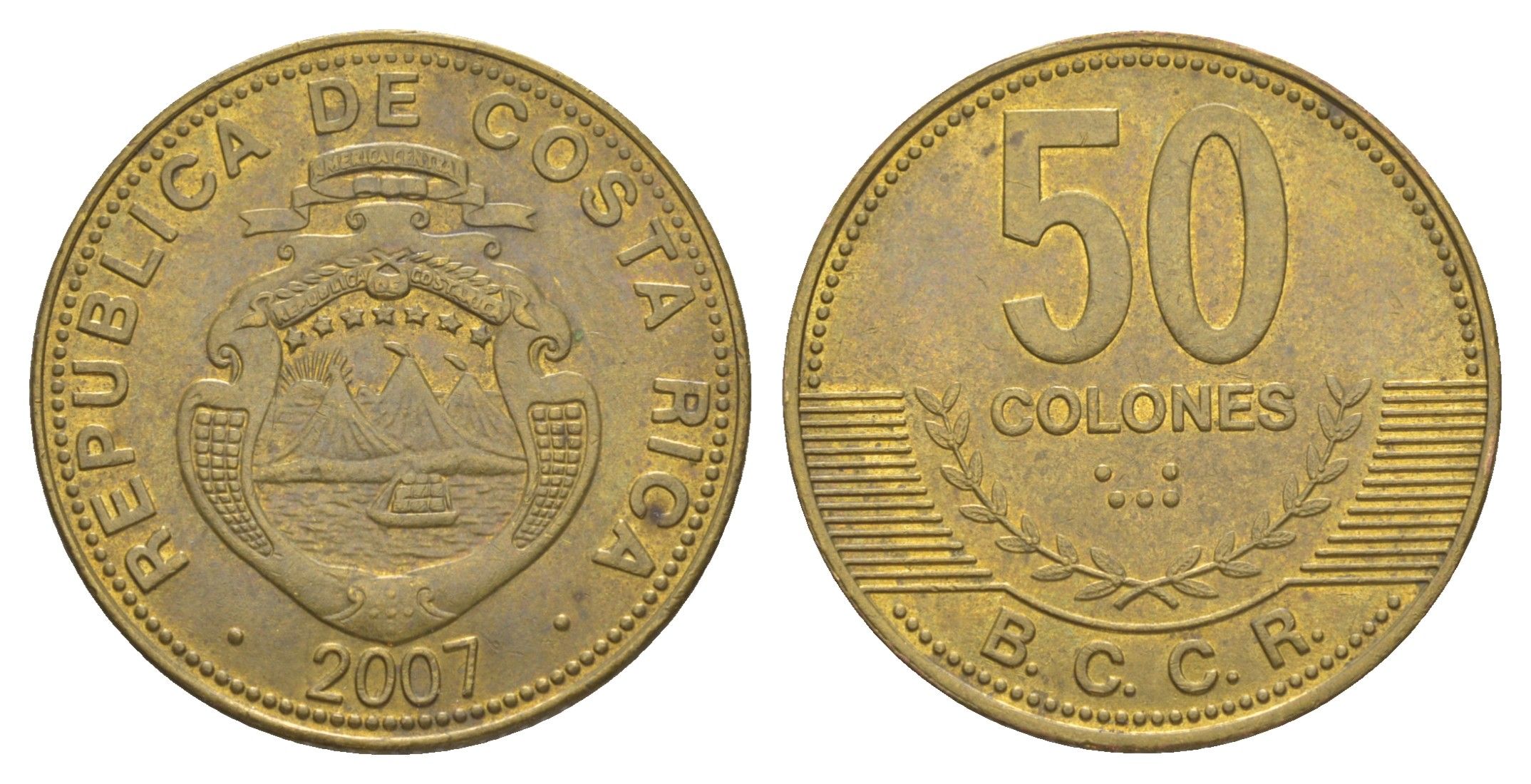 Коста-Рика 50 колонов 2007 KM 231.1b сталь плакированная латунью aUNC 4631-256