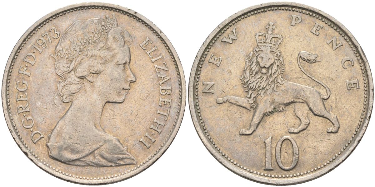 Великобритания 10 пенсов 1973 Елизавета II (1952-2022) KM 912, Spink 4231 (F1) медно-никель 4593-813